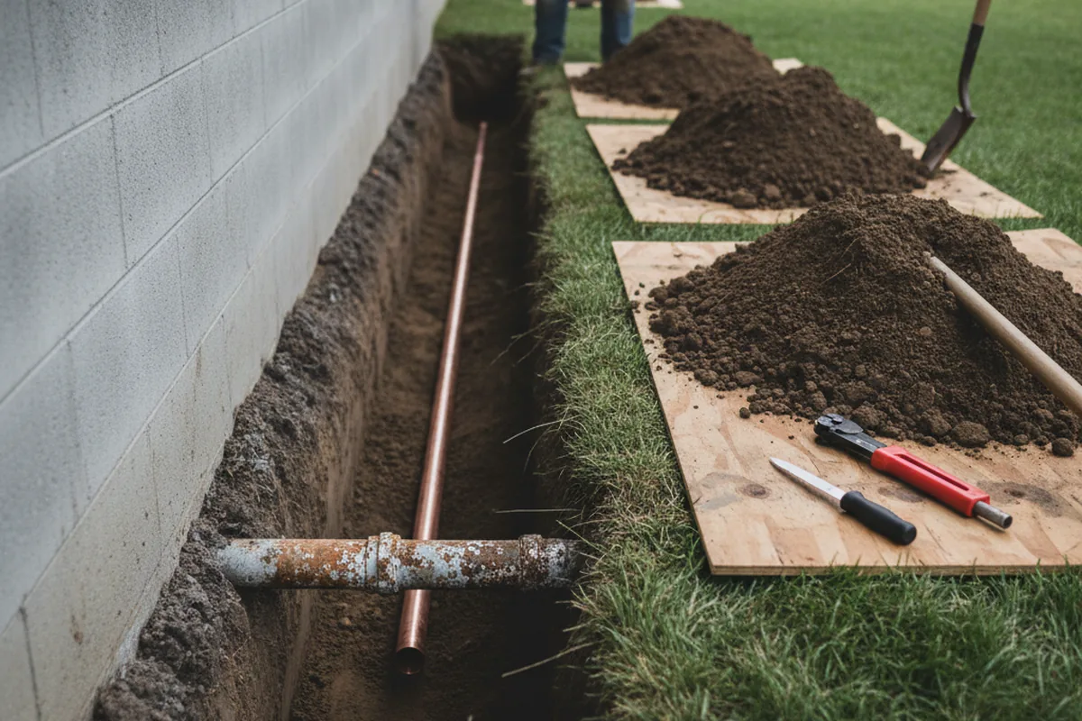 Excavated water line trench during Water Softener Installation in Dacoma
